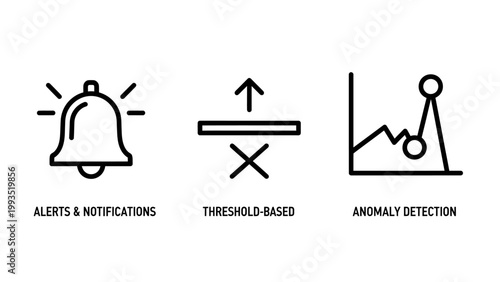 Alerts notifications threshold-based limits and data anomaly detection icons with notifications threshold detection analysis monitoring illustration business technology software performance