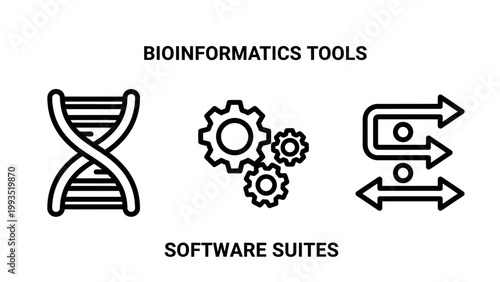 Bioinformatics tools and software suites concept icons with bioinformatics software genetics technology automation sequence programming research molecular engineering informatics computing