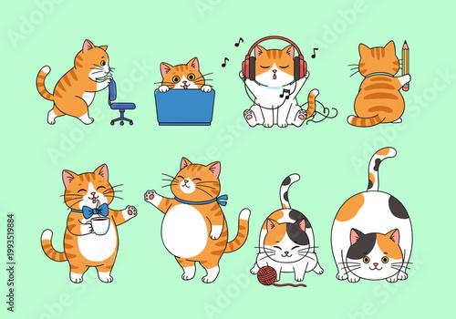 Cute Orange Tabby and Calico Cats Character Set in Various Activities, Working on Laptop, Listening Music, Drinking Coffee and Playing with Yarn Ball