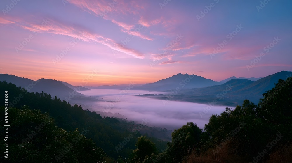 Obraz premium A breathtaking panoramic view of mountains emerging from a dense layer of mist under a pastel sunrise sky