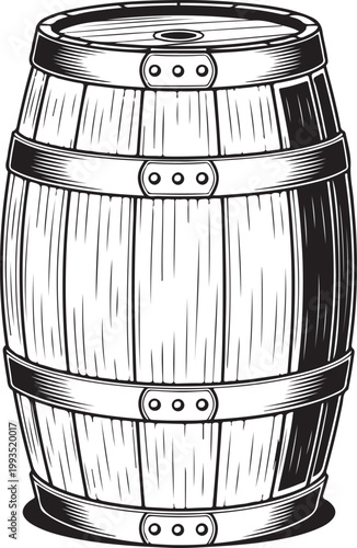 Vintage Wooden Barrel Engraving Illustration – Rustic Storage Cask Black and White Line Art.