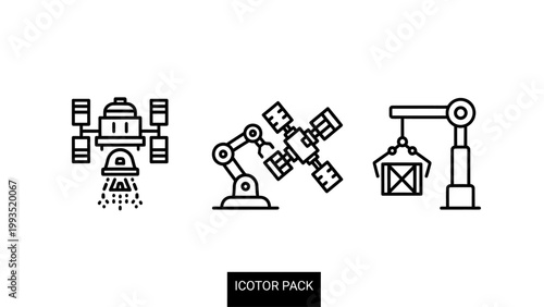 Space exploration industrial automation and logistics loading crane line icon set with exploration industrial automation logistics robotics satellite technology manufacturing engineering