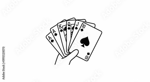 Hand holding a fan of five black spade playing cards