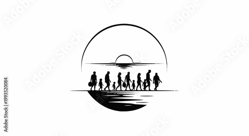 Silhouette of diverse people and children walking towards a sunset by the water