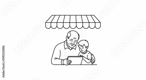 Smiling grandfather and grandson share a tablet under a striped awning