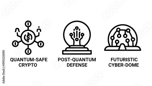 Quantum safe crypto post quantum defense and cyber dome icons with security technology cryptography protection advanced innovation graphics computing structure information infrastructure