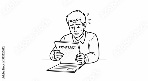Stressed man in shirt looks at contract document with worried expression