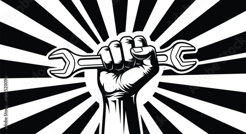 A clenched fist powerfully grips a wrench against a radial background