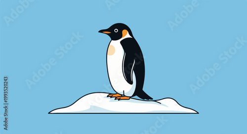 Cartoon penguin standing on an ice floe against a blue background