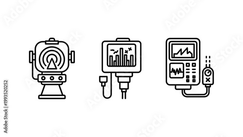 Scientific measuring and analysis instrument icons featuring radar signal monitor data charting equipment instrument analysis measurement oscillosope technology equipment scientific