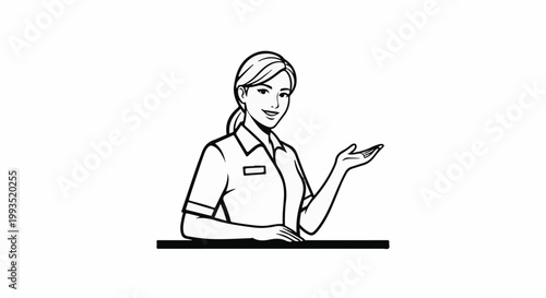 Cheerful woman in uniform presenting an idea or product with open hand