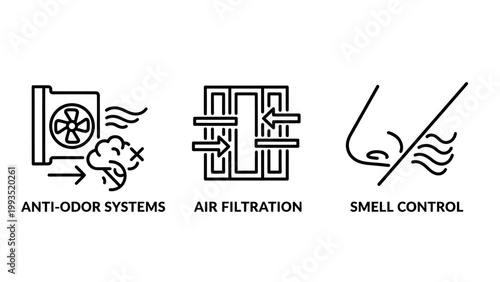 Air quality and environmental technology icons illustrating anti-odor systems air filtration smell control with filtration ventilation cleaning environment pollution purification technology