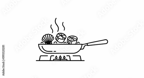 Outline illustration of scallops being pan-seared on a stovetop with steam rising
