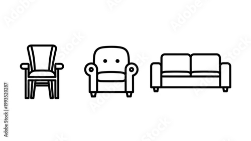 Furniture collection line icons showing a classic chair arm chair and modern sofa with furniture design furniture armchair interior graphics minimalist collection illustration lifestyle