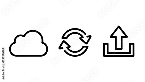 Cloud computing and data management icon set featuring upload and synchronization symbols synchronization computing transfer internet graphics technology interface management infrastructure