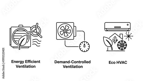 Set of hvac system icons depicting energy efficient demand controlled ventilation and eco-friendly cooling with ventilation efficient conditioning technology environment building infrastructure