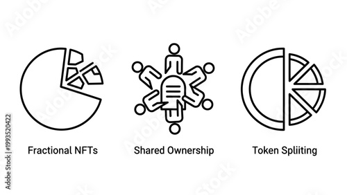 Set of outline icons representing fractional nft ownership shared assets token splitting concepts for blockchain finance blockchain fractional ownership investment business technology