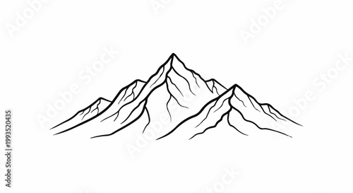 Stylized black and white line art depicts a mountain range with sharp peaks and shadowed contours
