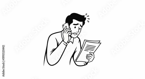 Stressed man on phone, holding documents, sweating