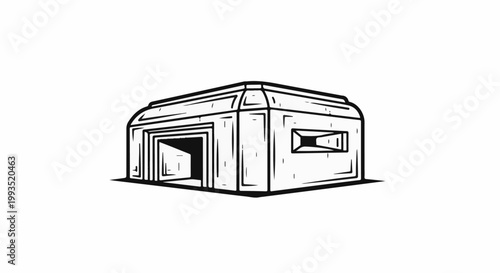 Stark, angular structure with a narrow opening and a gun slit window