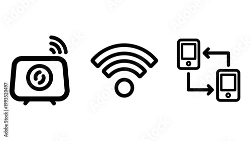 Set of wireless connectivity and device synchronization line icons with wireless connectivity synchronization transfer internet communication technology smartphones connection exchange