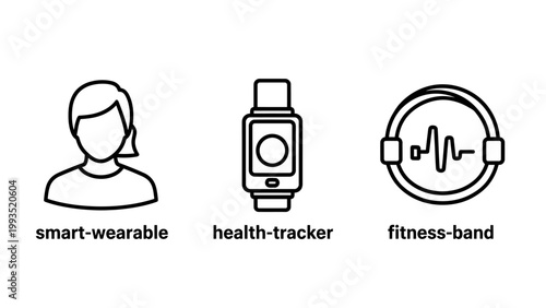 Smart wearable health technology icons representing fitness tracker and lifestyle monitoring with heart rate lifestyle tech wearable technology monitoring wellness activity exercise lifestyle