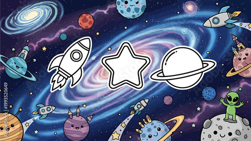 Space and galaxy exploration concept with rocket ship and planets outer space sci fi star field exploration universe astronomy celestial illustration colorful background adventure learning