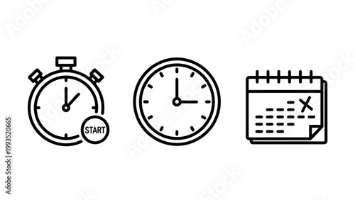 Time management outline icons featuring stopwatch start clock face and calendar date marking management stopwatch calendar schedule deadline planning organization productivity efficiency