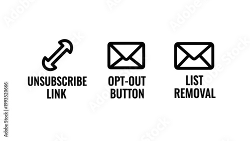Email subscription management icons illustrating unsubscribe link opt-out button and list removal with unsubscribe marketing subscription communication newsletter preference settings software