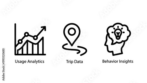 Data analytics and consumer behavior insights icons representing growth charts trip routing and thought process with analytics behavior insights location business statistics intelligence