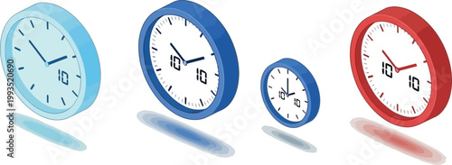 Colorful Clock Set with Blue, Red, and Cyan Designs for Time, Watch, and Timekeeping Concepts