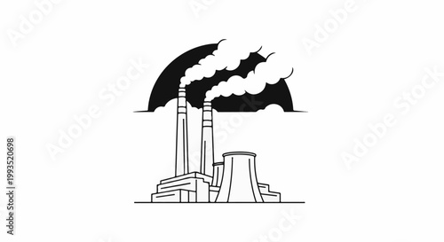 Industrial plant with smokestacks emitting clouds against a dark background