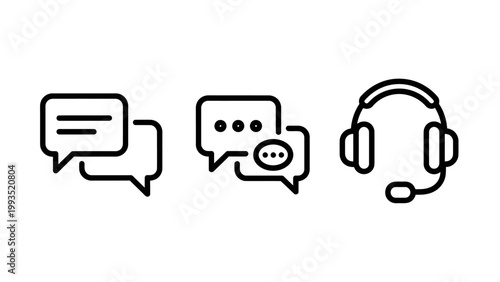 Set of communication icons: chat bubbles and customer support headset with communication customer dialogue connection interaction discussion feedback operator technology information isolated