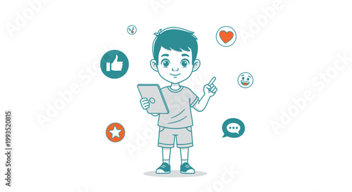 Child with Tablet Surrounded by Social Media Icons