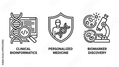 Set of biotechnology and medical science icons: clinical bioinformatics personalized medicine biomarker discovery with biotechnology medicine bioinformatics biomarker microscope genetics