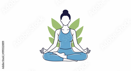 Stylized figure in meditation pose, serene and balanced with foliage