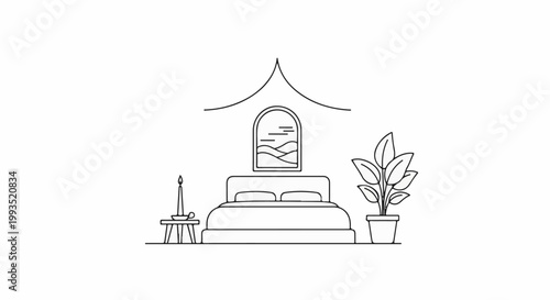 Minimalist line art of a bedroom with a bed, window, plant, and candle