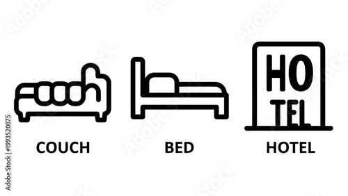 Furniture and accommodation icon set including couch bed hotel building sign for hospitality industry furniture accommodation hospitality sleeping services building business interior