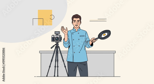 Chef filming cooking show, frying egg in pan, camera on tripod, online recipe tutorial