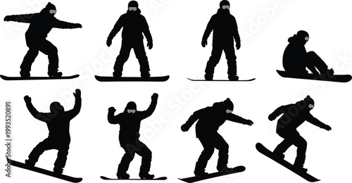Vector Silhouette Set of Snowboarders in Various Action Poses Including Jumping Riding and Carving Down Slopes for Winter Sports Extreme Adventure and Mountain Tourism Design