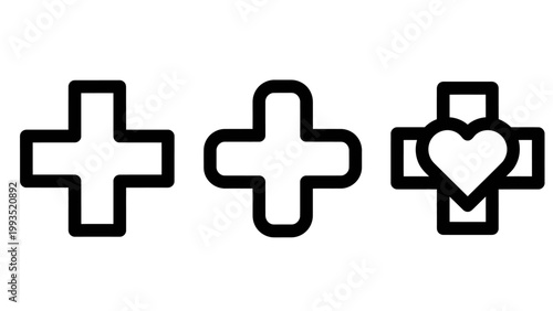 Medical plus sign icons representing healthcare services hospital facilities heart health care symbols hospital healthcare pharmacy medicine emergency wellness treatment protection