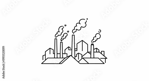 Minimalist line art of an industrial complex emitting smoke