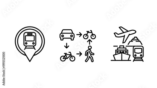 Public transportation and commuting travel methods icon set with transport navigation location movement mobility infrastructure destination automobile passenger vacation transportation