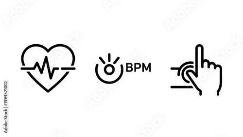 Heart rate monitoring and pulse check digital line icons set with monitoring tracking smartwatch wearable biometric wellness activity analysis technology cardiogram exercise physique