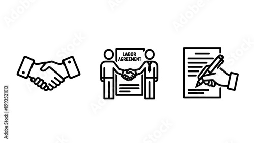 Business handshake and labor agreement contract signing icons set with handshake business agreement contract partnership cooperation document signature employer employee negotiation