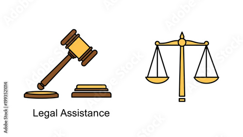 Legal assistance gavel and justice scales symbols with assistance attorney judiciary legislation constitutional protection fairness professional services litigation government consultation