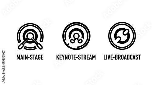 Set of event and live broadcast icons with broadcast streaming presentation conference technology communication production audiovisual performance internet broadcasting equipment connected