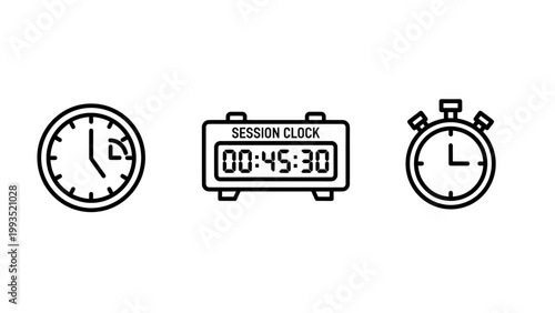 Set of time and session management clock icons with stopwatch management duration scheduling countdown deadline business productivity workflow planning measurement tracking efficiency