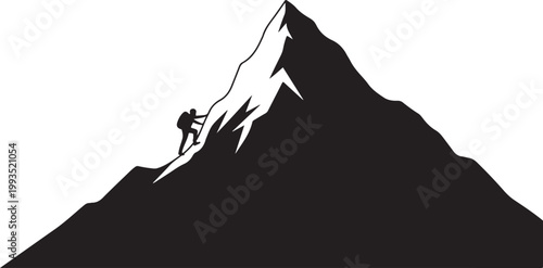 Mountain climber silhouette, adventure icon, black mountain peak, hiking symbol