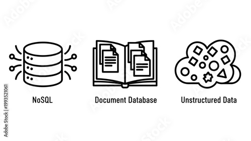 Database and data storage management icon set with database document management unstructured information computing technology structure software analytics architecture
